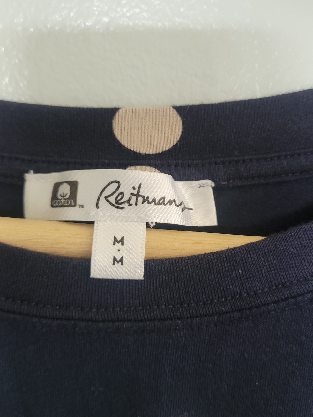 REITMANS Navy Polka Dot Short Sleeve Tee Sz M Shirred Sides Organic Cotton - Picture 5 of 11